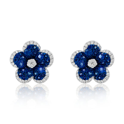 Blue Sapphire and Diamond Vibrant Flower Earrings.