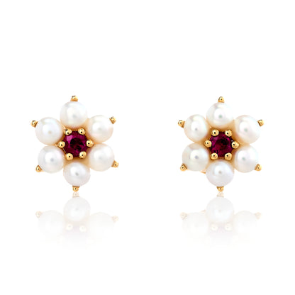 Pearl and Ruby Cluster Earrings