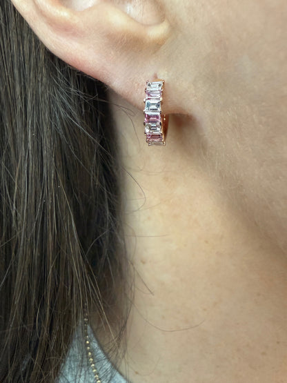 Alternating Pink Sapphire and Diamond Hoop Huggie Earrings