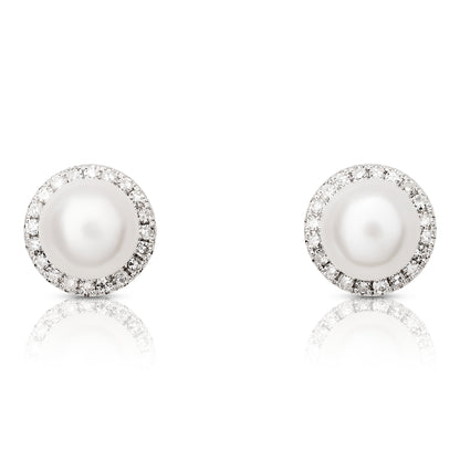 White Pearl and Diamond Halo Stud Earrings