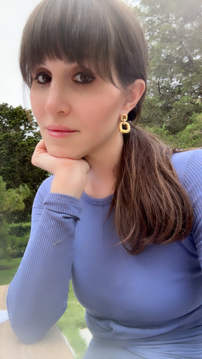 Two Square Textured Link Dangle Earrings - Three
