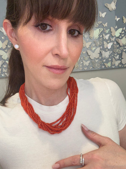 Estate Coral Multi Strand and Diamond Necklace