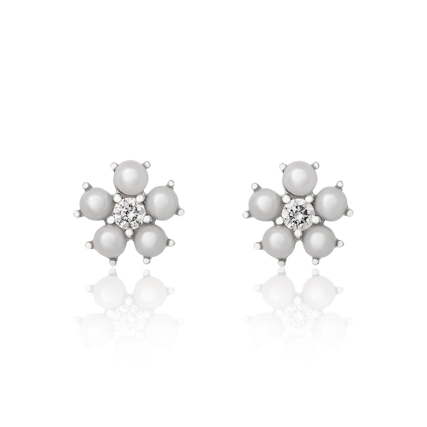 Petite Pearl and Diamond Flower Stud Earrings