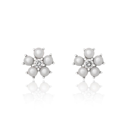 Petite Pearl and Diamond Flower Stud Earrings