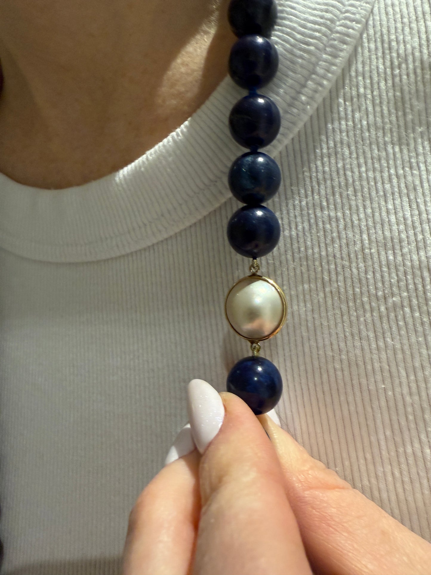 Estate Yellow Gold Lapis and Mabe Pearl Necklace