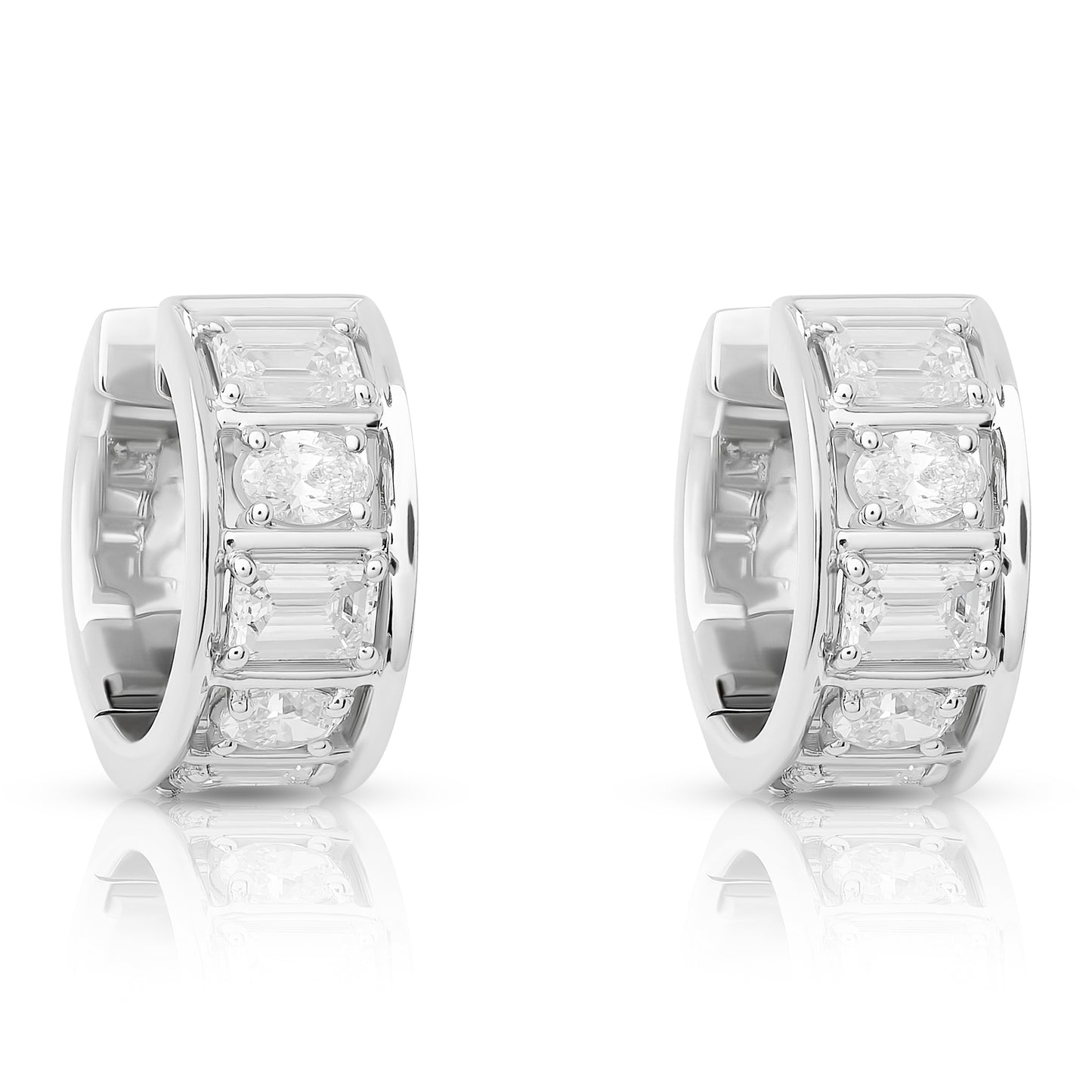 Oval and Emerald Cut Diamond Huggie Earrings
