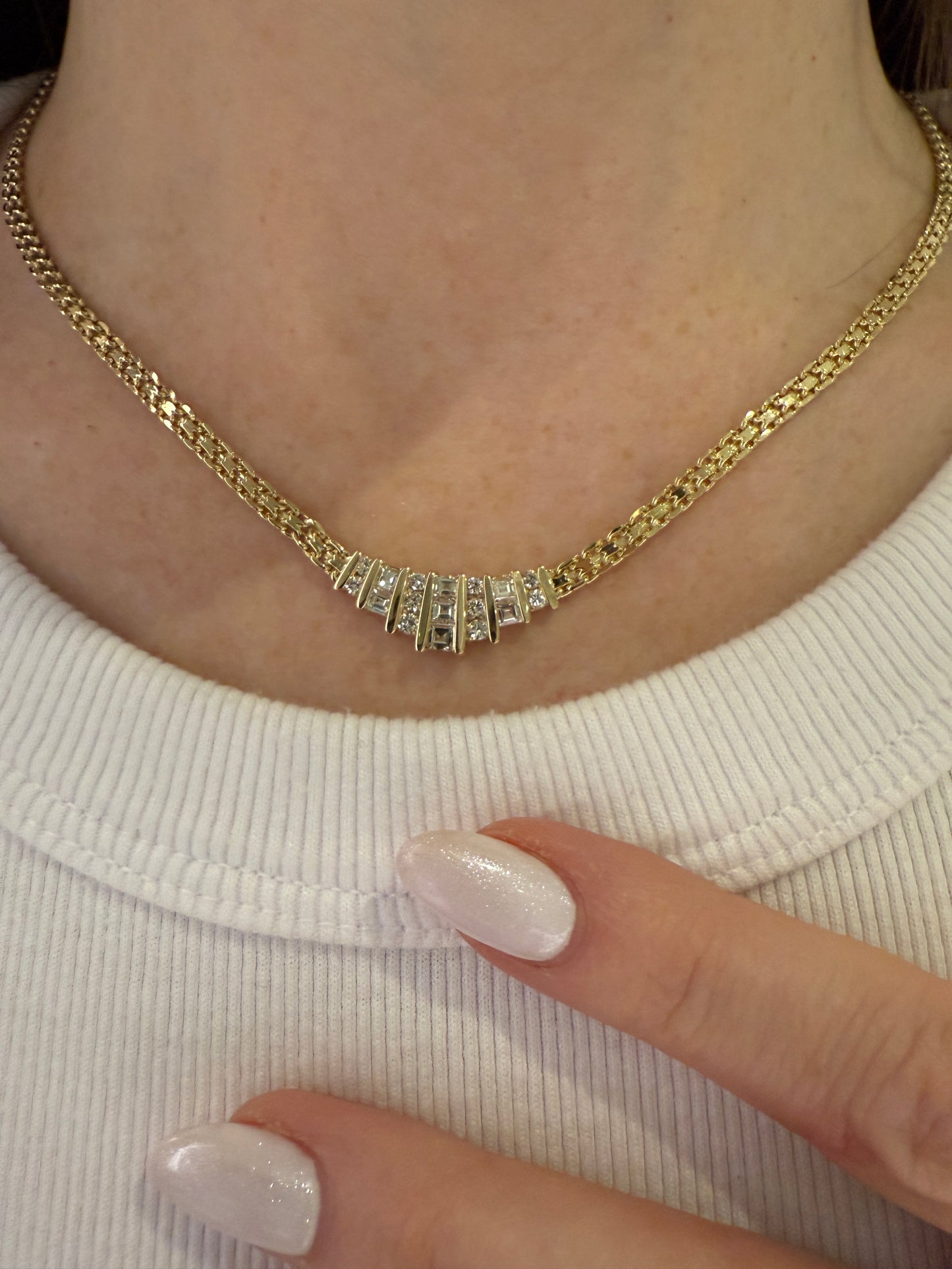 Estate Yellow Gold Diamond Baguette Necklace