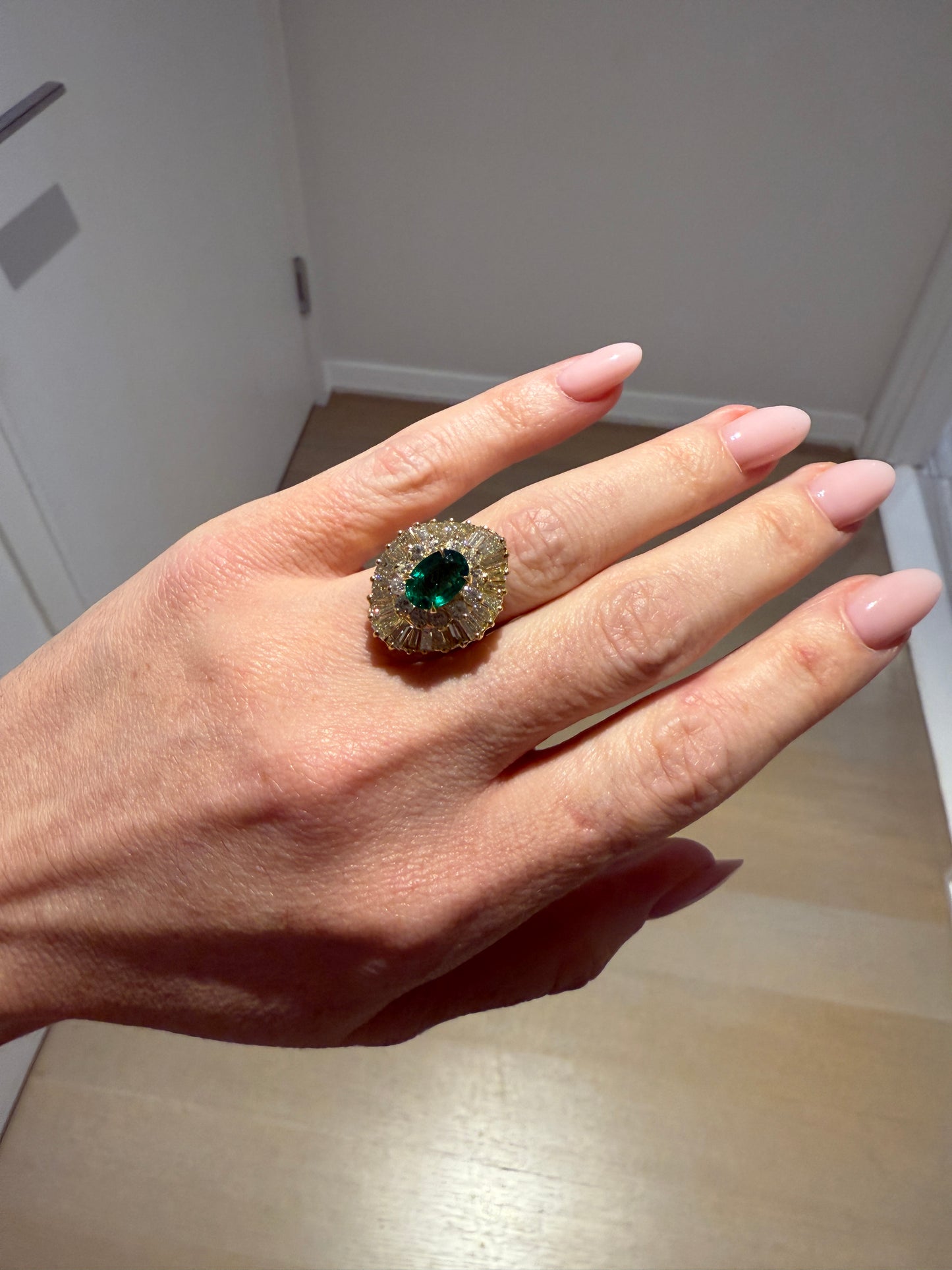 Yellow Gold Green Emerald and Diamond Vintage Ring