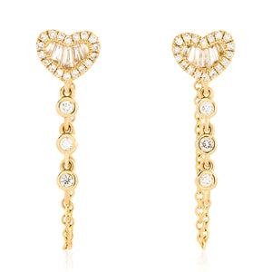 Round and Baguette Heart Diamond Drop Earrings - Yellow