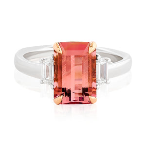 Three Stone Pink Tourmaline and Diamond Ring