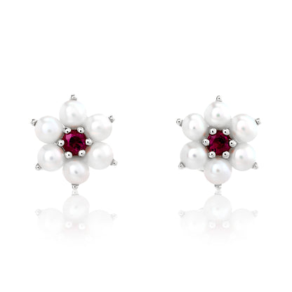 Pearl and Ruby Cluster Earrings