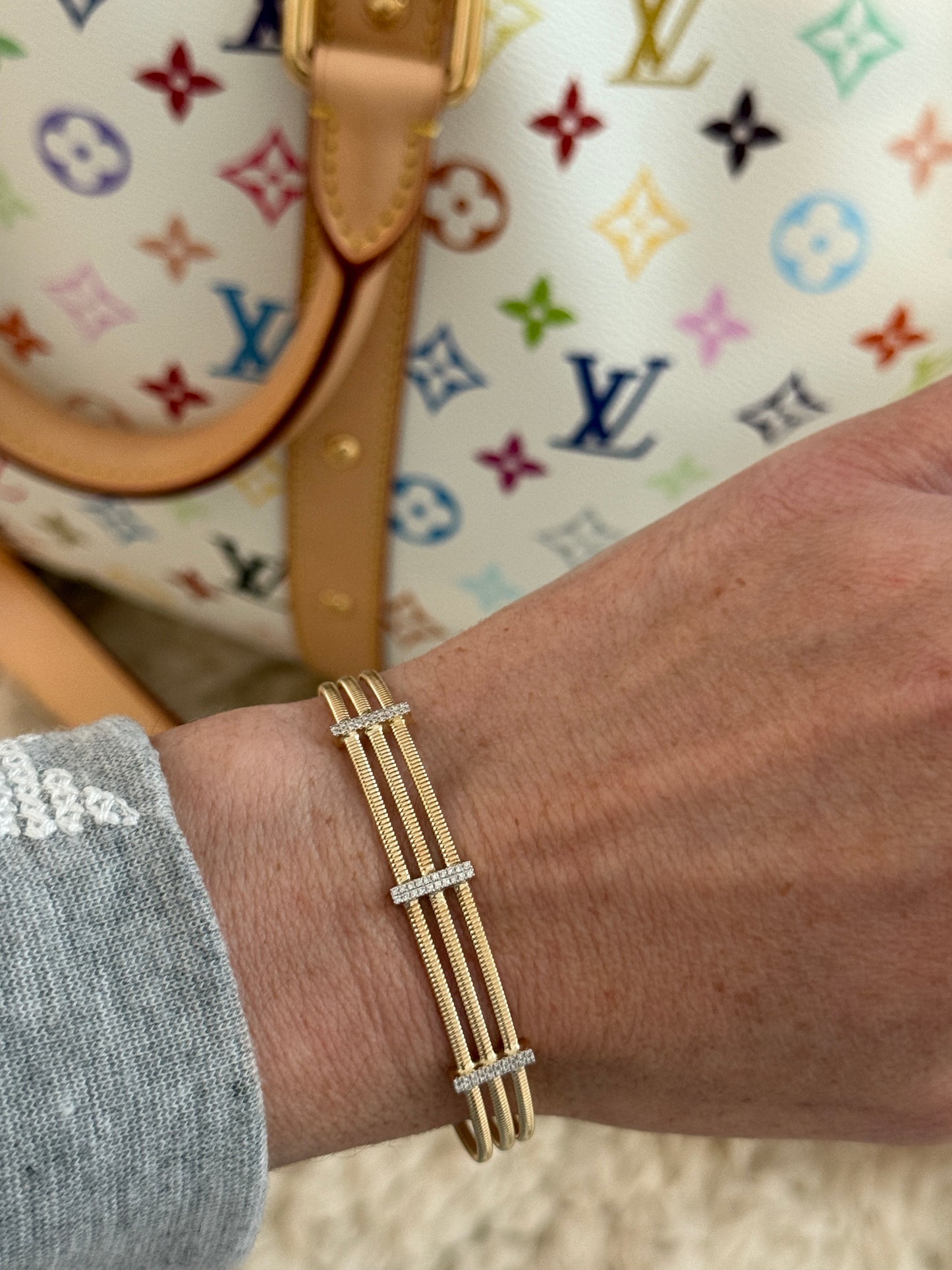 Adjustable Three Row Fluted Diamond Cuff Bracelet