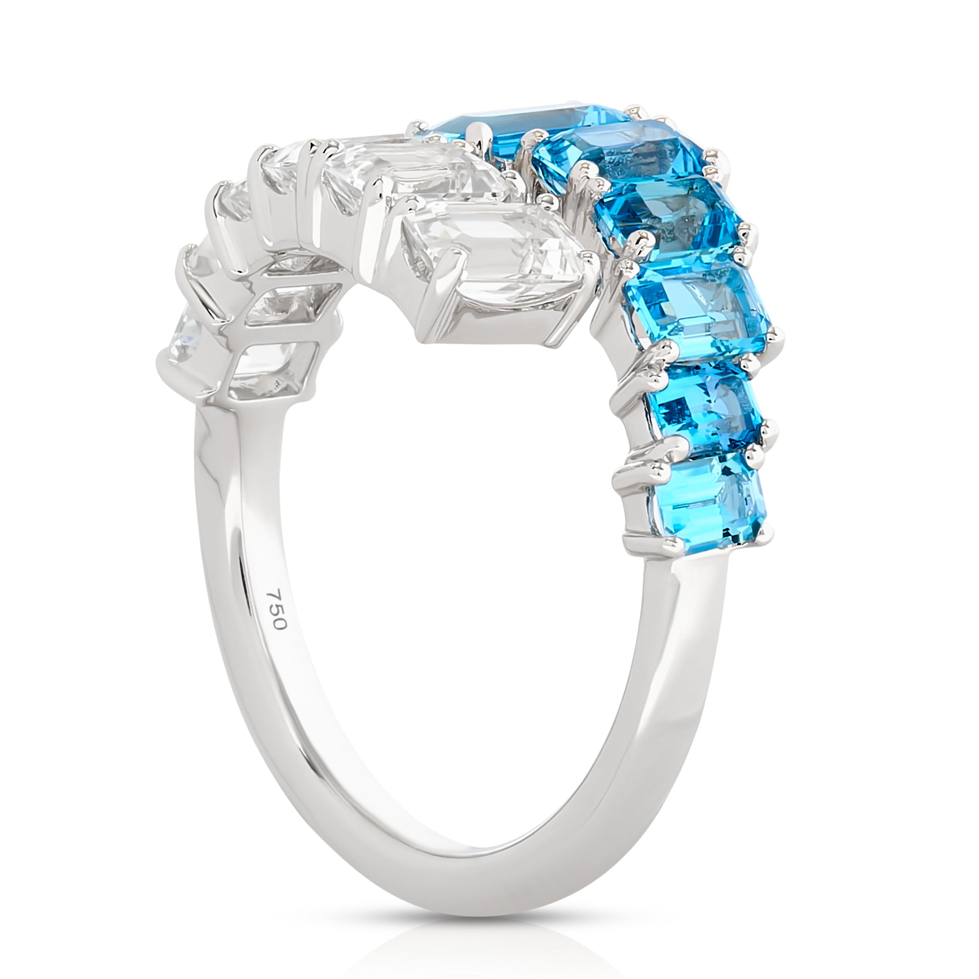 Emerald Cut Aquamarine and White Topaz Bypass Ring - Two