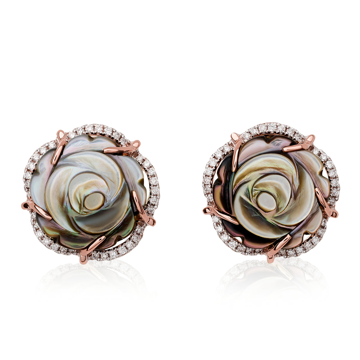 Gray Mother of Pearl and Diamond Rose Stud Earrings