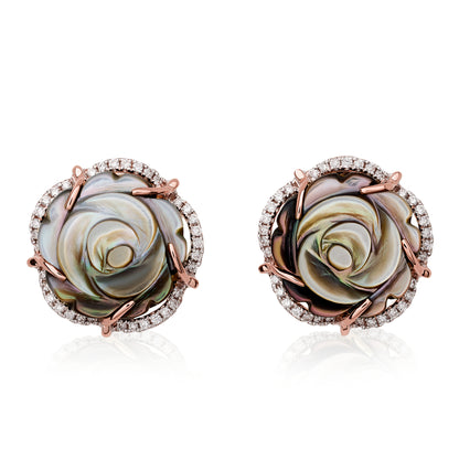 Gray Mother of Pearl and Diamond Rose Stud Earrings