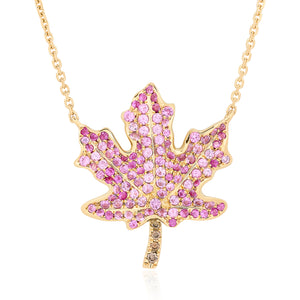 Pink Sapphire and Champagne Diamond Maple Leaf Pendant - Two