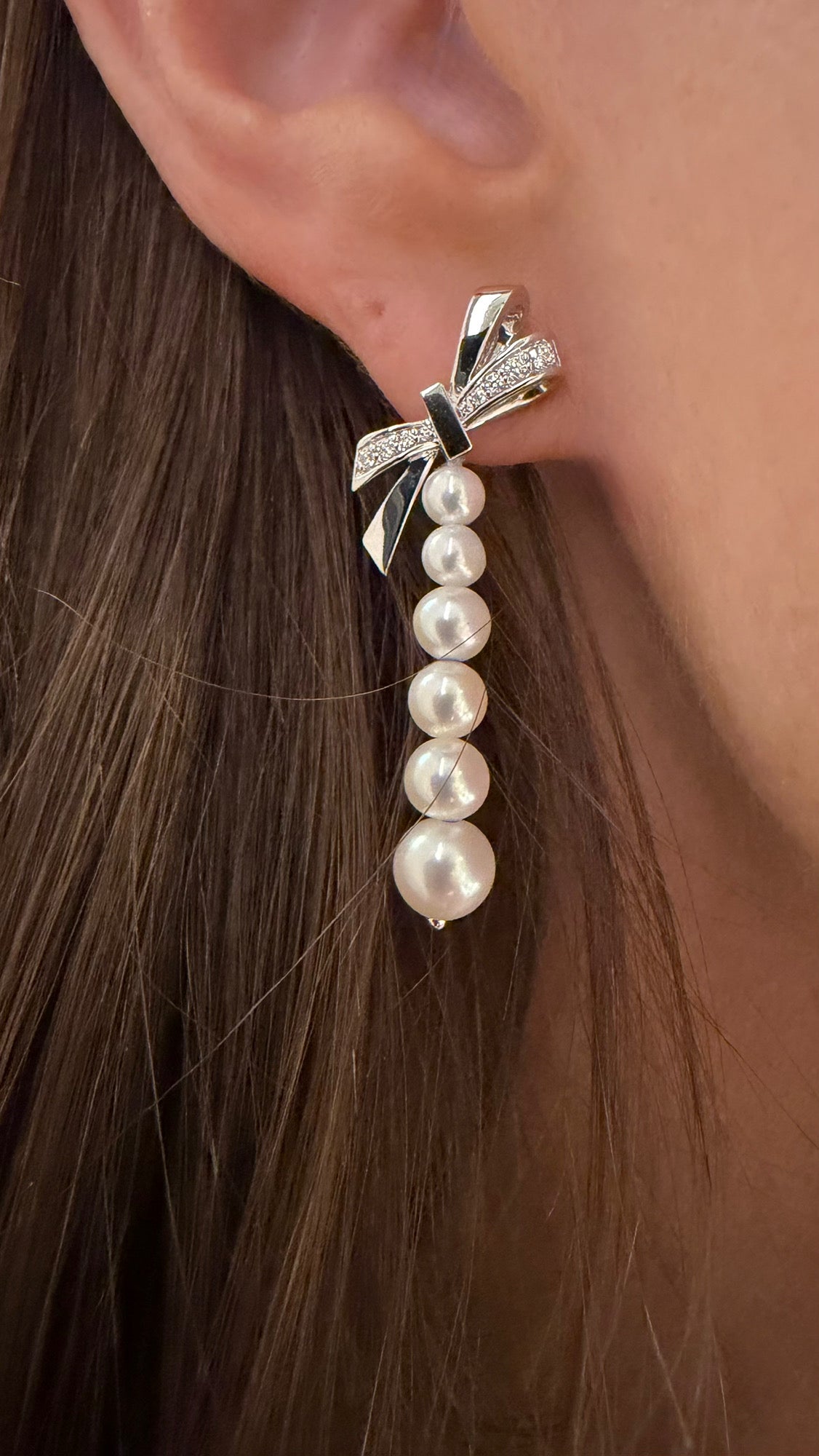 Diamond Bow and Pearl Earrings