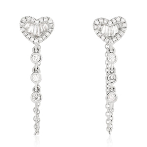 Round and Baguette Heart Diamond Drop Earrings
