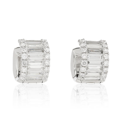 Round and Baguette Diamond Hoop Huggie Earrings