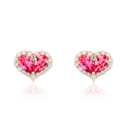 Chubby Pink Tourmaline and Diamond Heart Stud Earrings