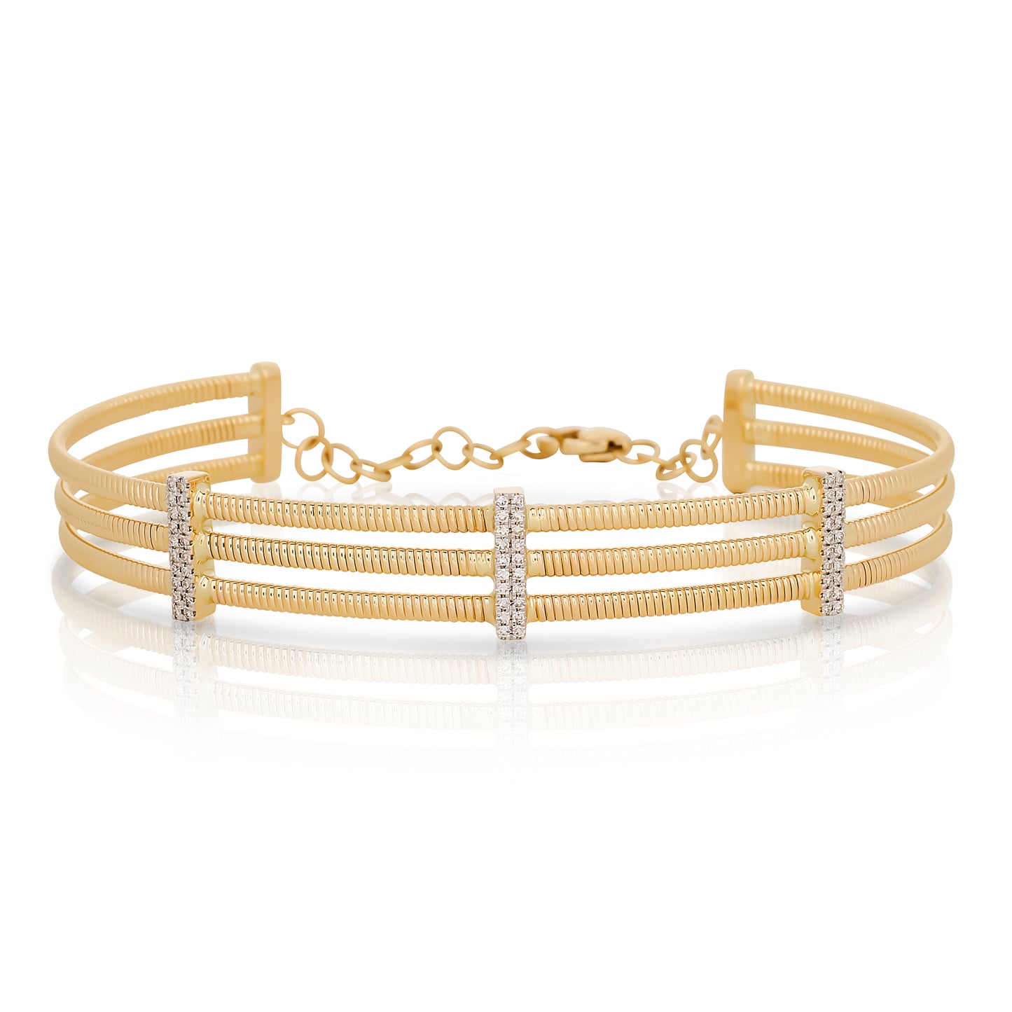 Adjustable Three Row Fluted Diamond Cuff Bracelet