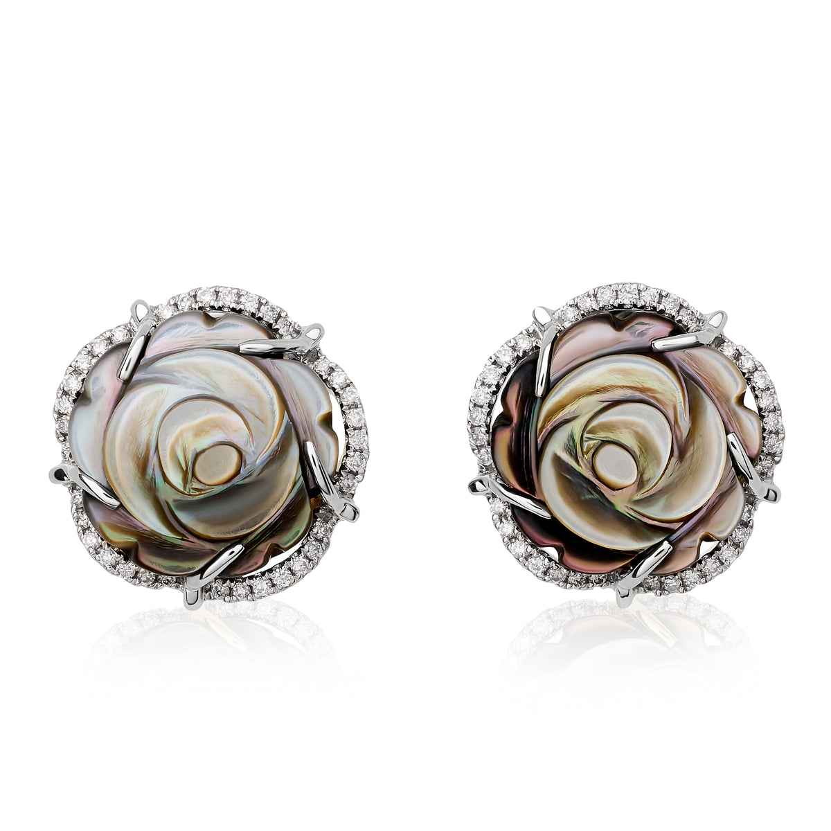 Gray Mother of Pearl and Diamond Rose Stud Earrings