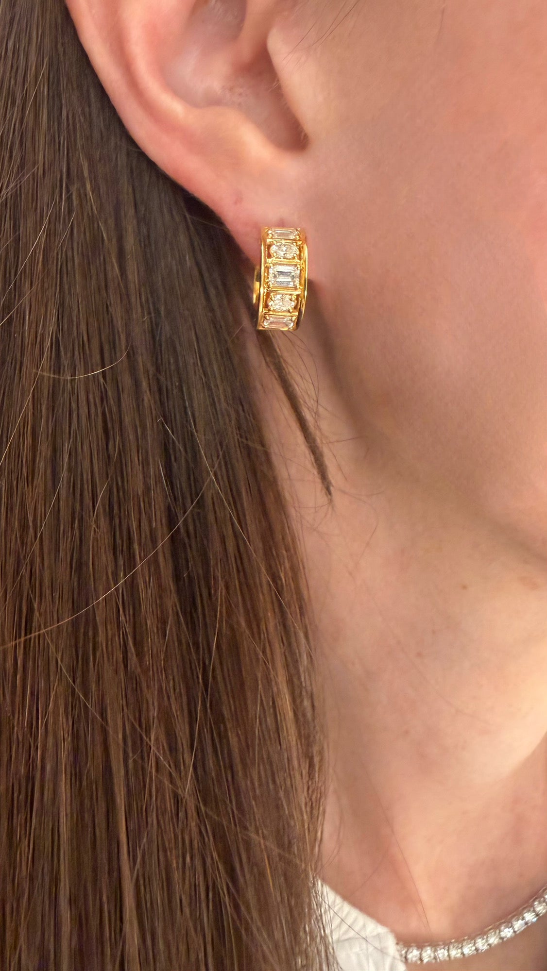 Oval and Emerald Cut Diamond Huggie Earrings