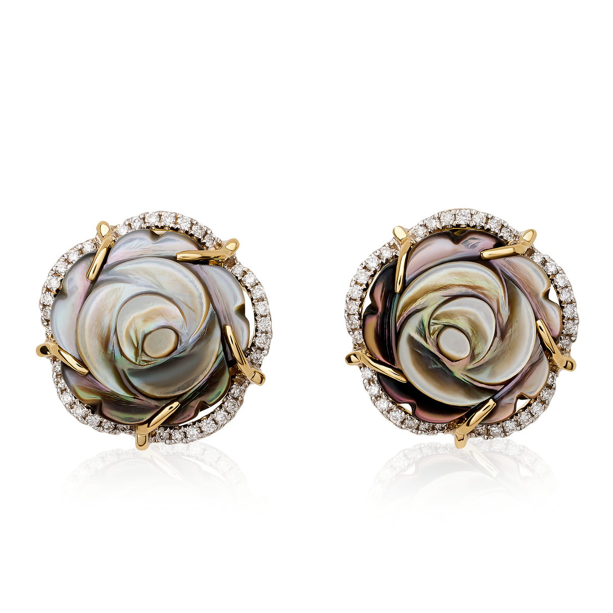 Gray Mother of Pearl and Diamond Rose Stud Earrings
