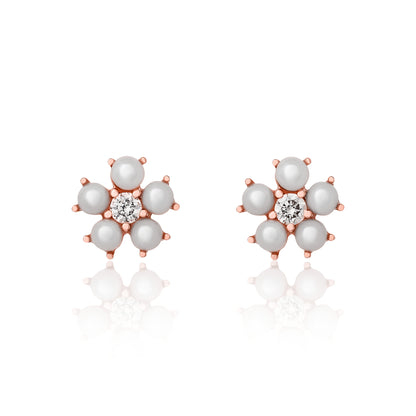 Petite Pearl and Diamond Flower Stud Earrings