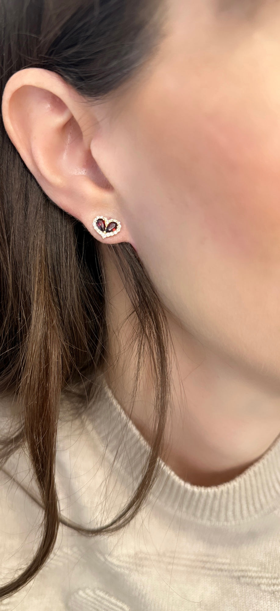 Chubby Garnet and Diamond Heart Stud Earrings