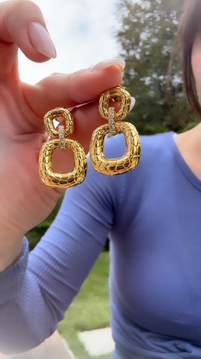 Two Square Textured Link Dangle Earrings - Two