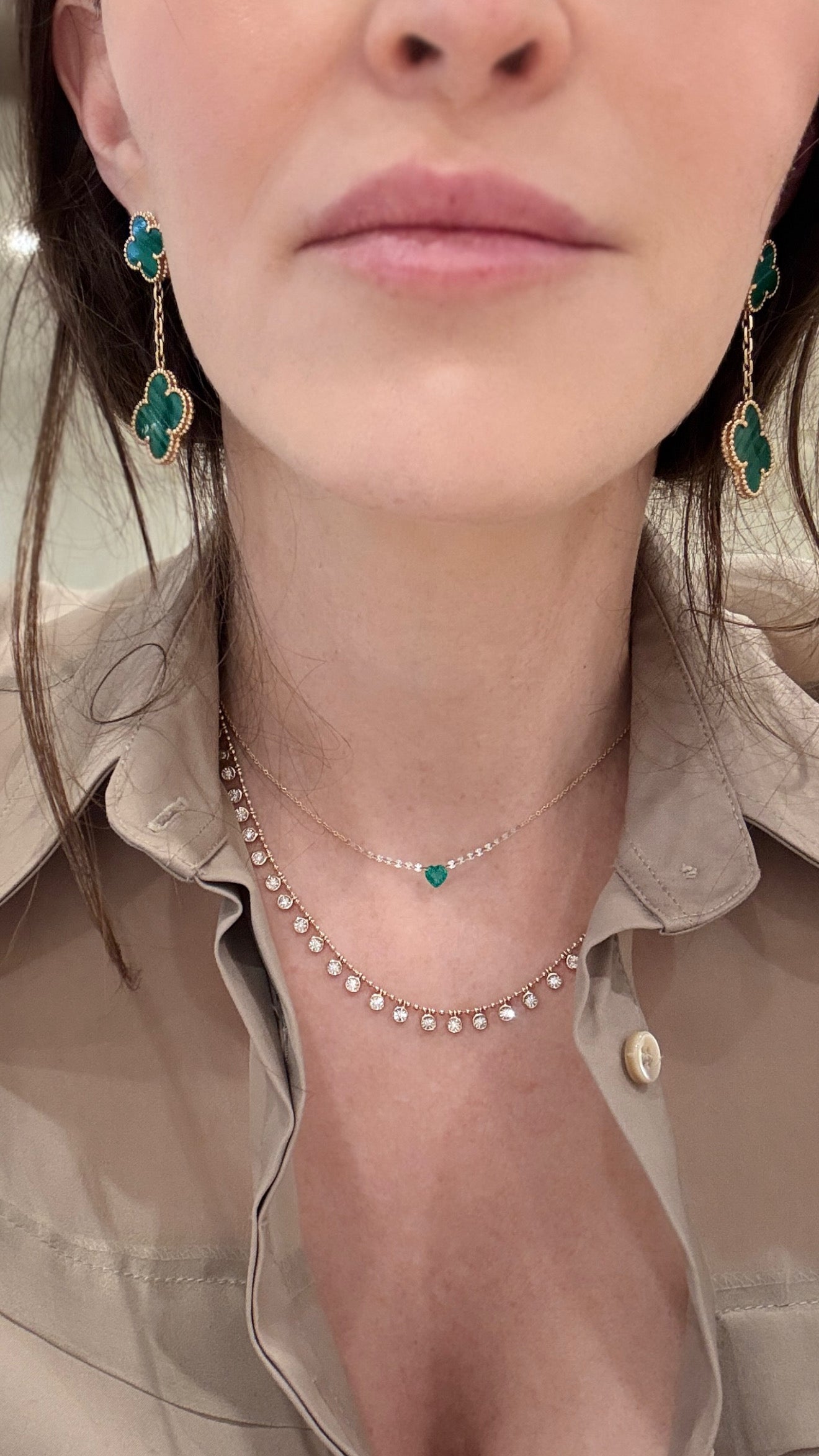 Heart Shape Emerald and Diamond Floating Necklace.