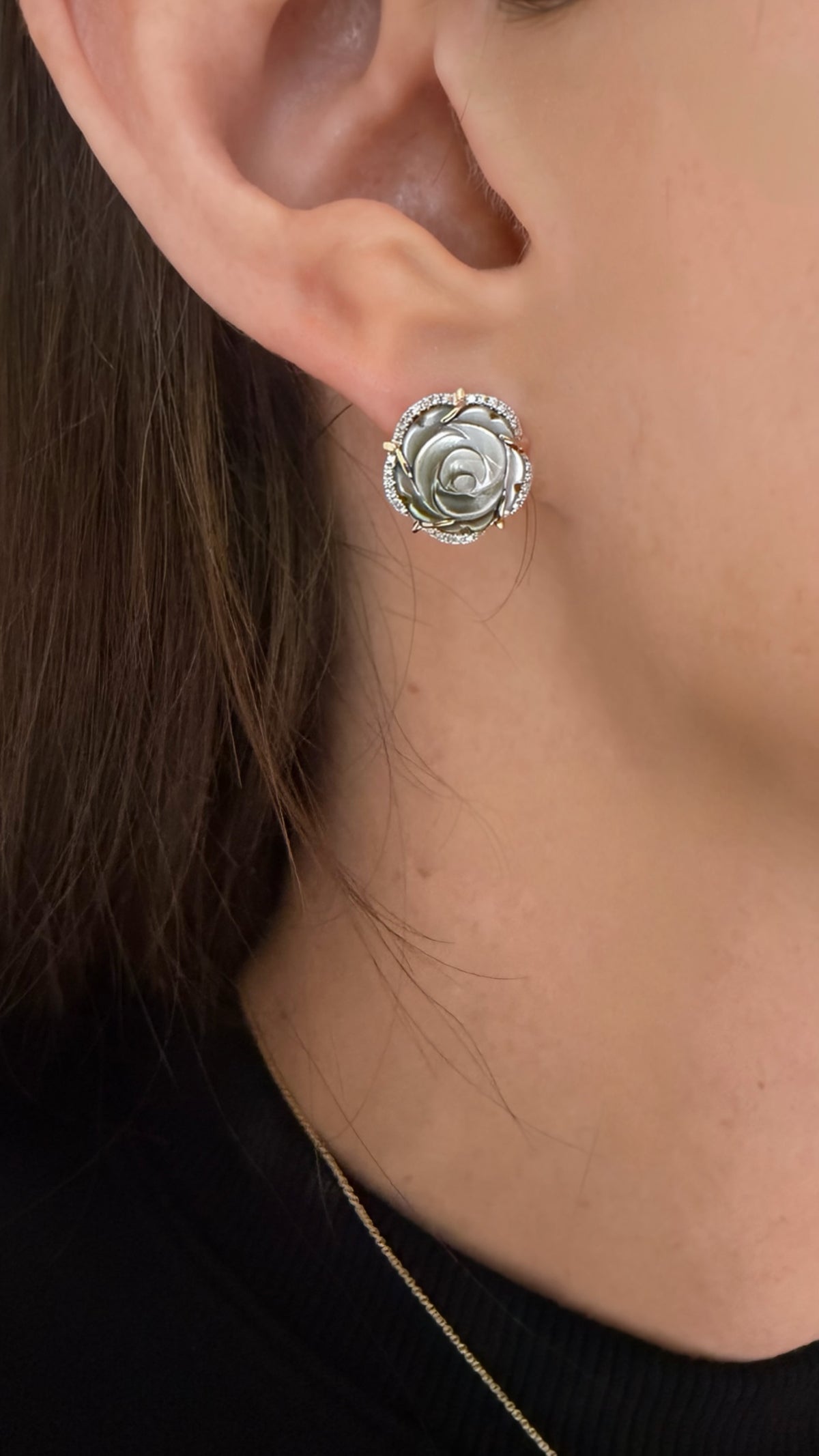 Gray Mother of Pearl and Diamond Rose Stud Earrings