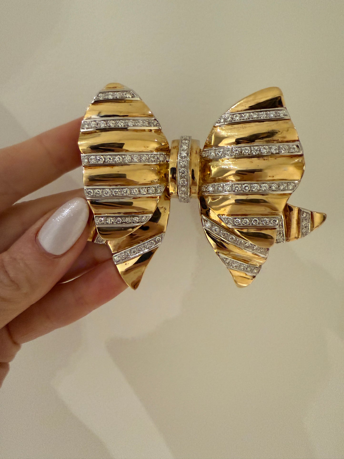 Estate Large Diamond Gold Bow Broach