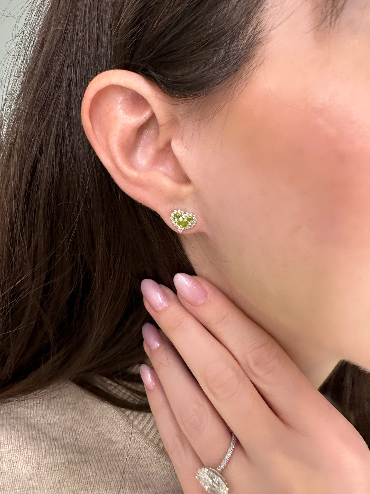 Chubby Peridot and Diamond Heart Stud Earrings