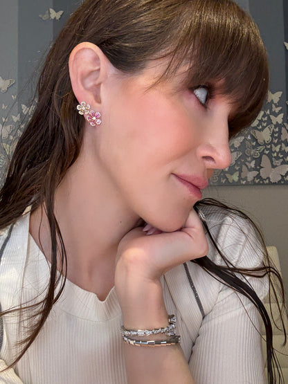 Pink Sapphire Rose Cut and Diamond Flower Earrings