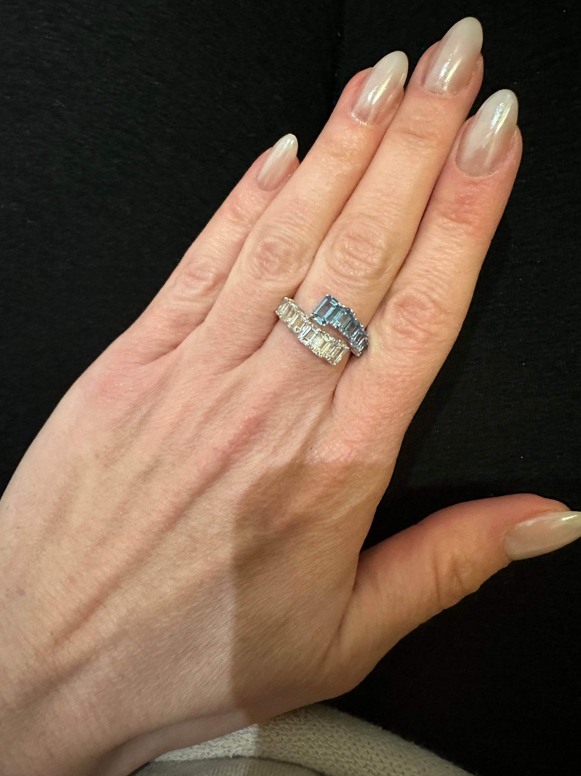 Emerald Cut Aquamarine and White Topaz Bypass Ring - Three