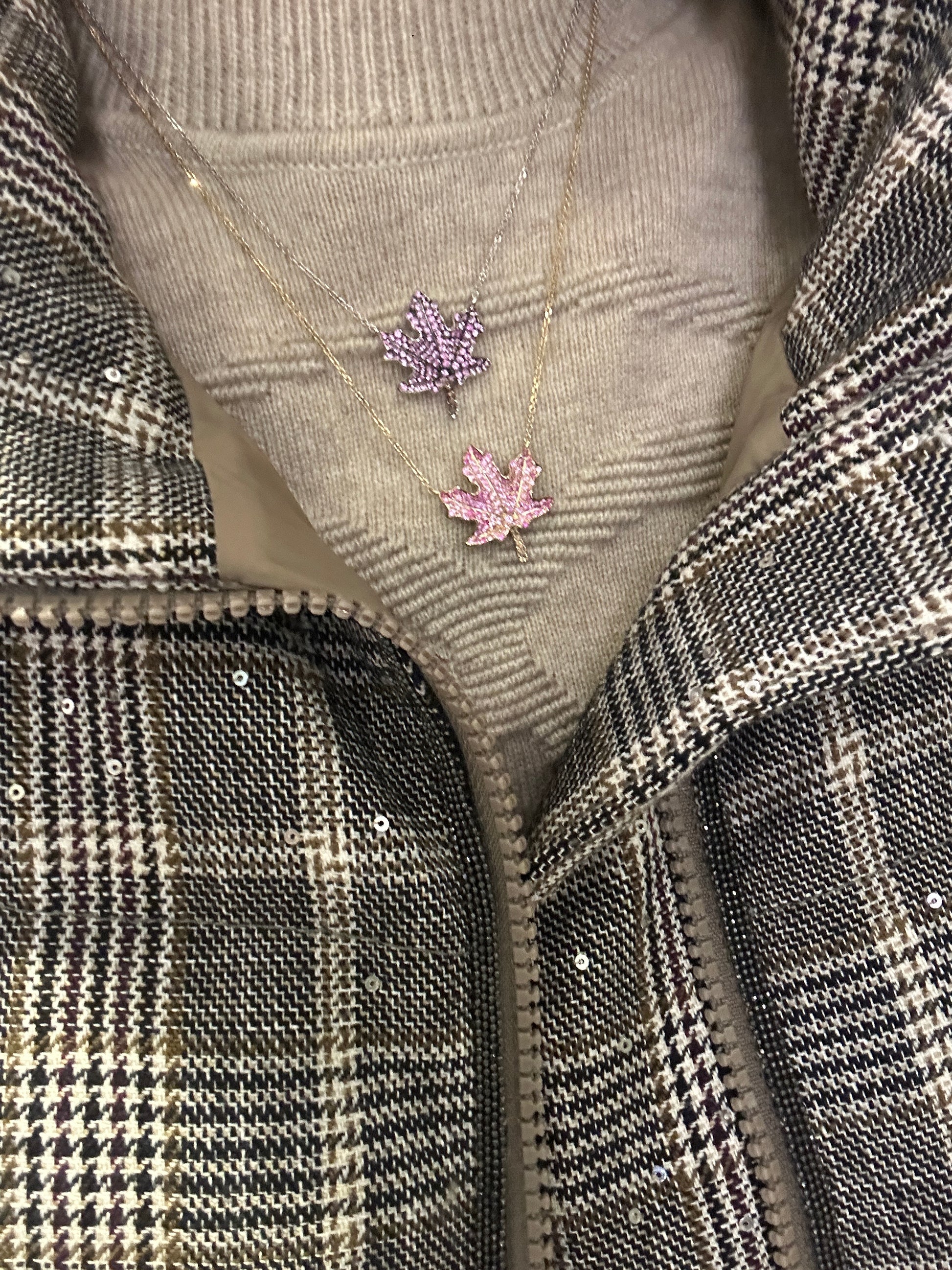 Pink Sapphire and Champagne Diamond Maple Leaf Pendant - Five