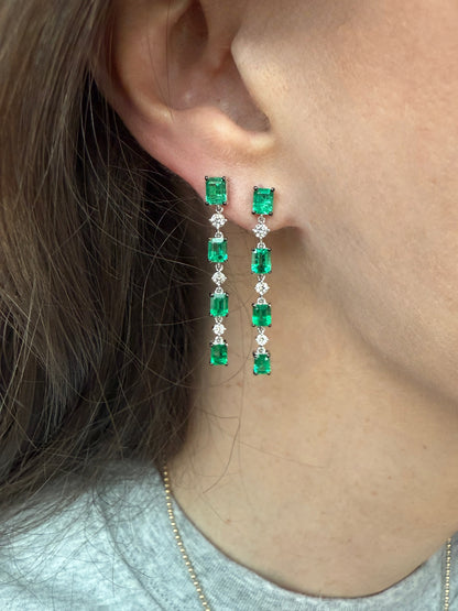 Graudated Green Emerald and Diamond Earrings