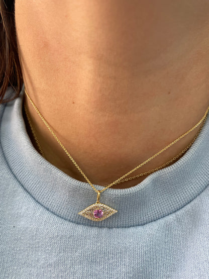 Large Diamond and Pink Sapphire Evil Eye Pendant.