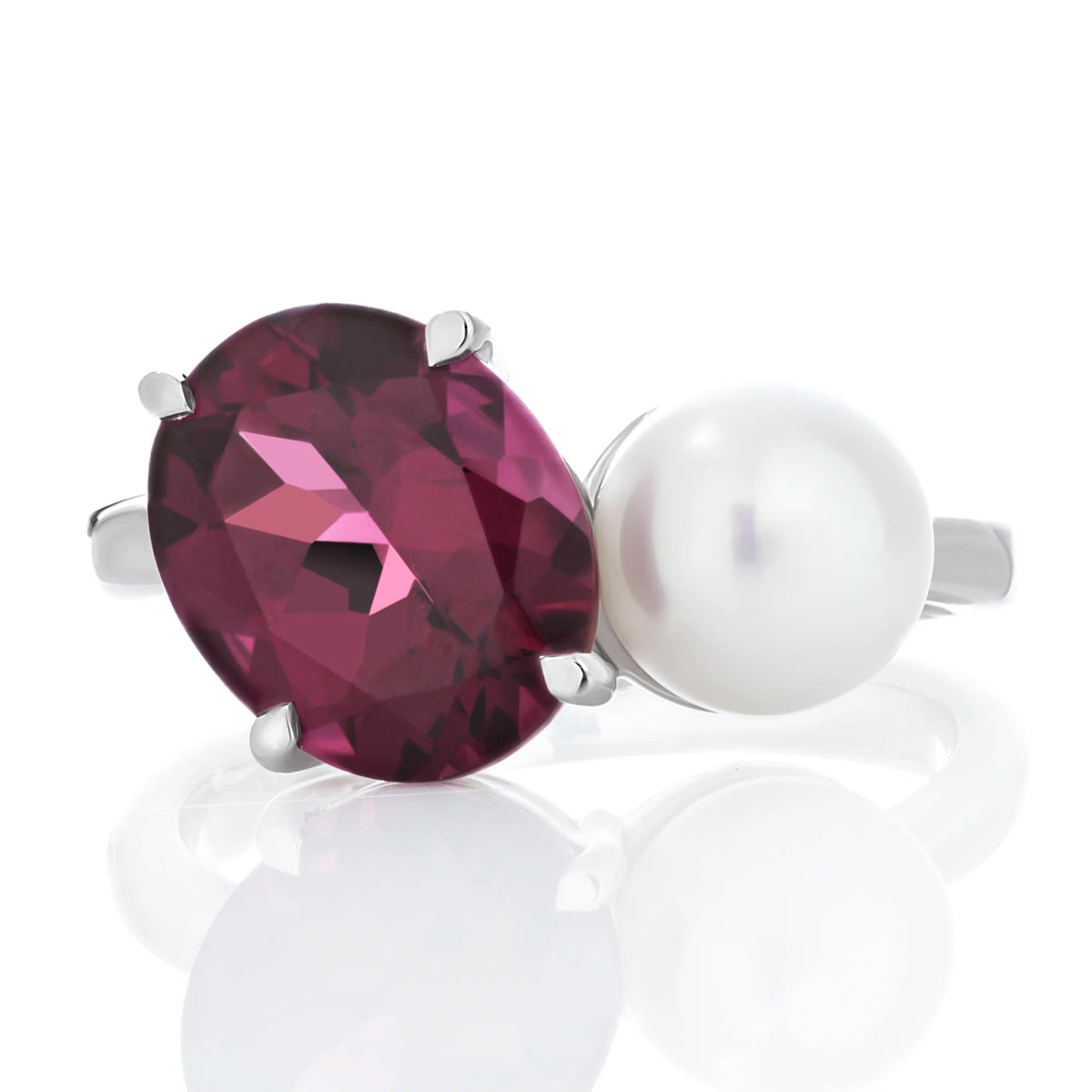 Oval Rhodolite and Pearl Toi Et Moi Ring