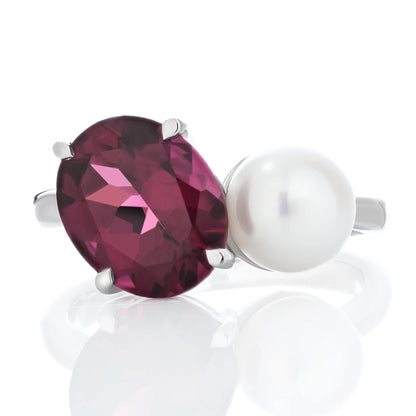 Oval Rhodolite and Pearl Toi Et Moi Ring