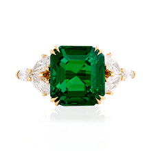 Load image into Gallery viewer, Green Emerald and Pear Shape Diamond Ring.
