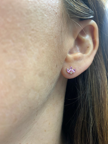 Trio Pink Sapphire Leaf Stud Earrings