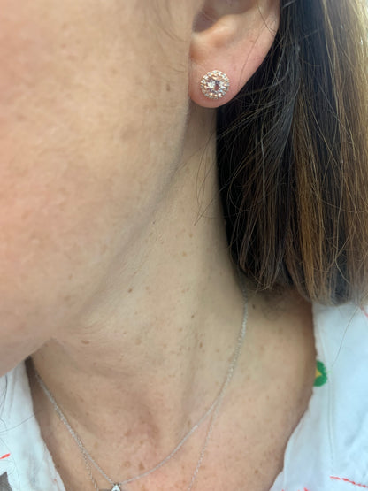 Morganite and Diamond Halo Stud Earrings.