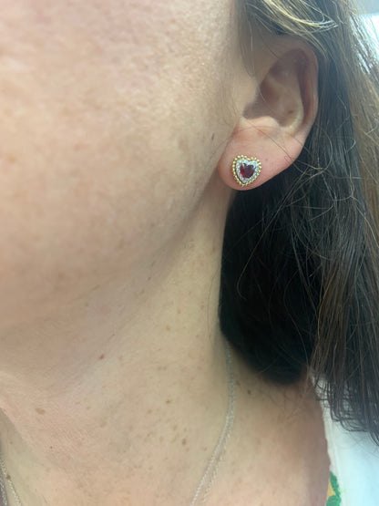 Ruby and Diamond Heart Stud Earrings