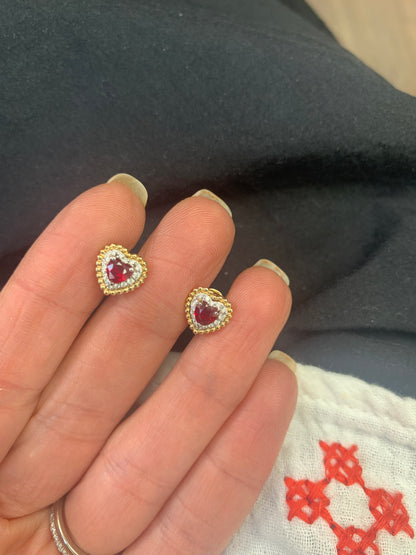 Ruby and Diamond Heart Stud Earrings