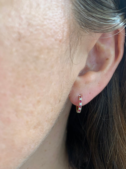 Alternating Diamond and Ruby Petite Hoop Earrings