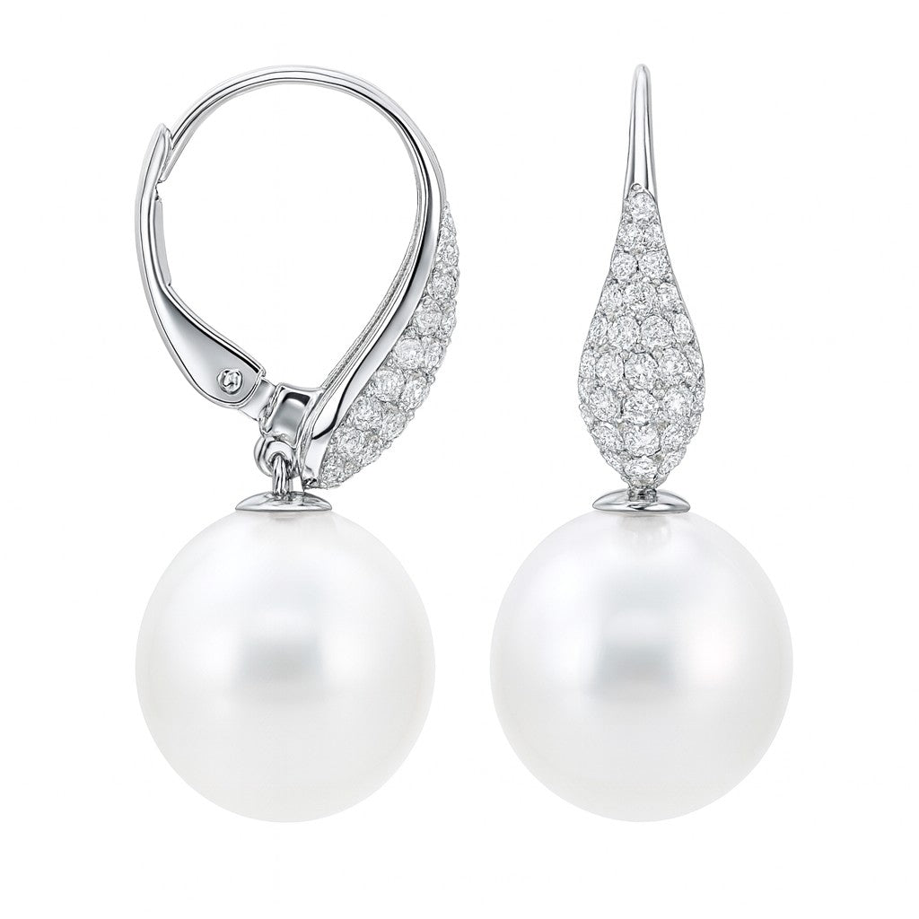 Graudating Pave Diamond Pearl Earrings