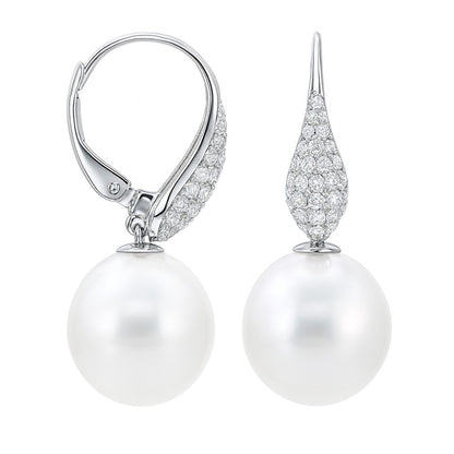Graudating Pave Diamond Pearl Earrings